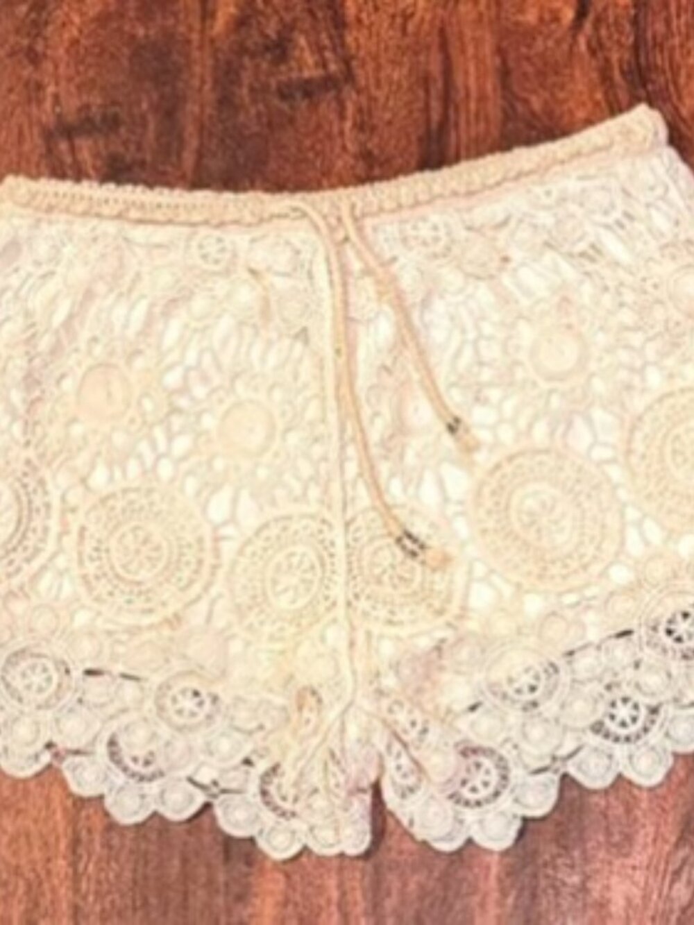 Canclay Shorts Lace Crochet Boho Floral Elastic Waistband Off White Medium New